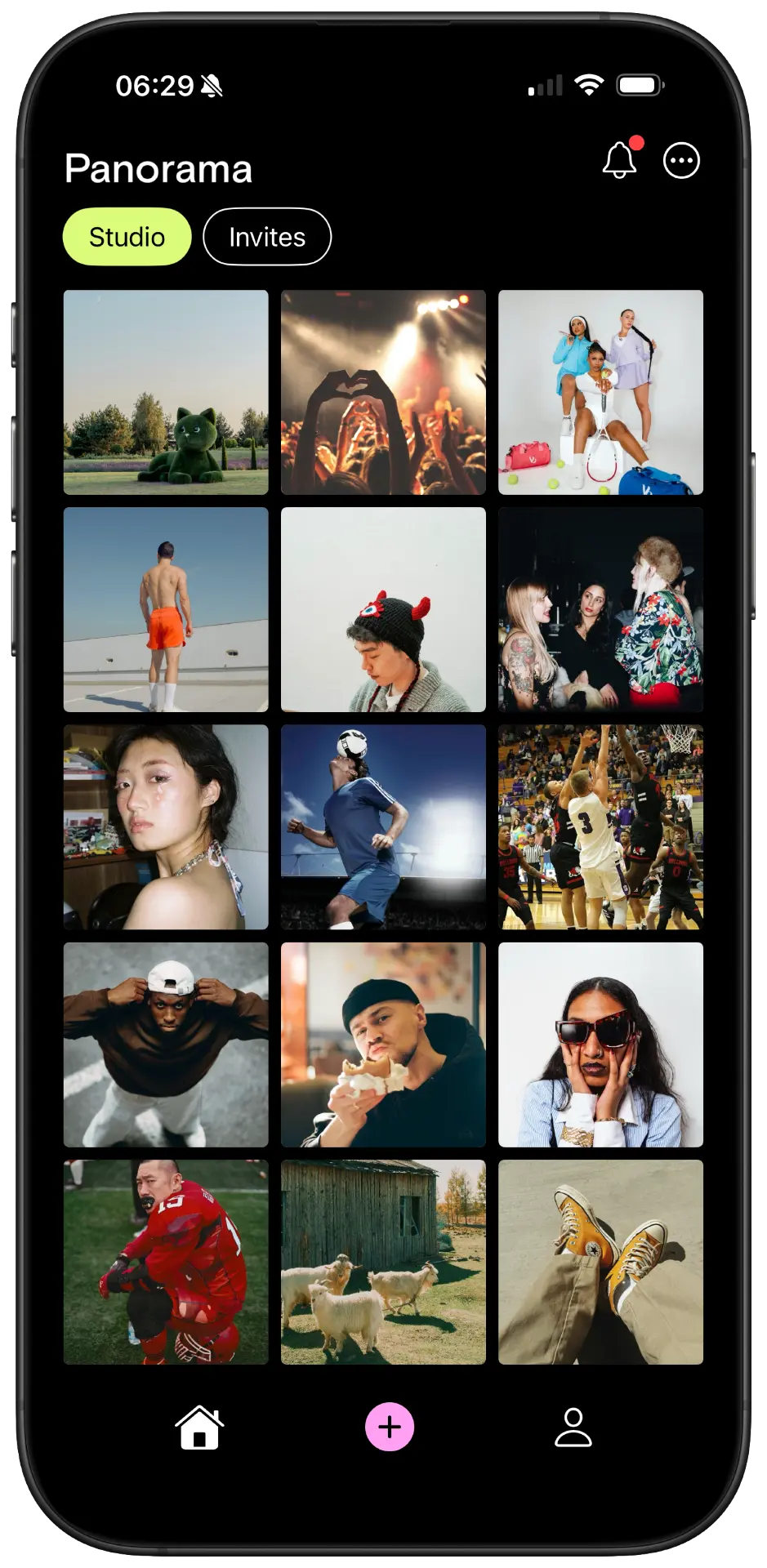The Panorama app showing the Studio and Invites tabs