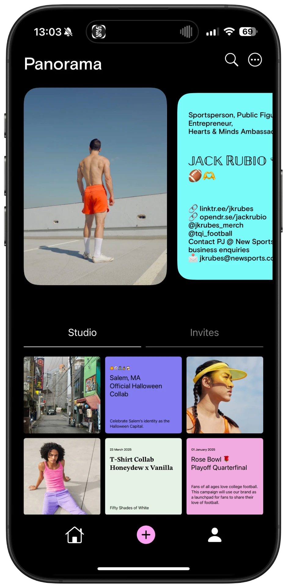 The Panorama app showing the Studio and Invites tabs